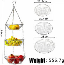 Load image into Gallery viewer, 3 Tier Hanging Fruit Basket, Modern Country Style Home Decor, Countertop Space Saver for Fruits or Vegetables (Silver)
