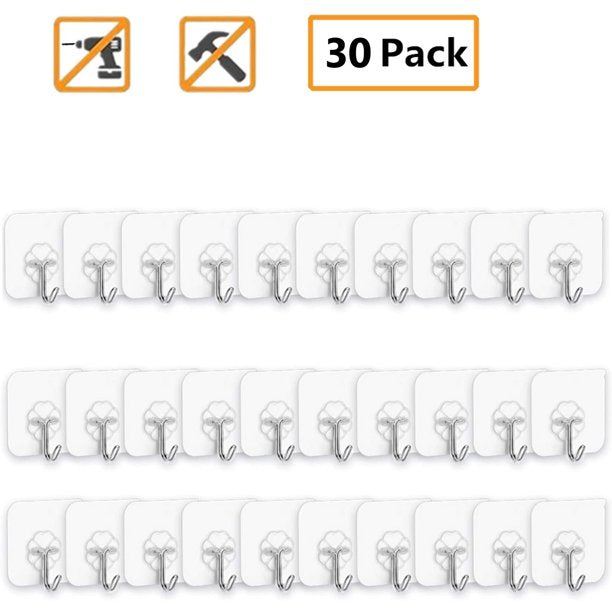 Meidong Adhesive Hooks , Kitchen Wall Hooks Heavy Duty 33lb (Max) Nail Free Sticky Hangers with Stainless Hooks , Natural , Reusable Utility , Towel Bath Ceiling Hooks , 30 Packs