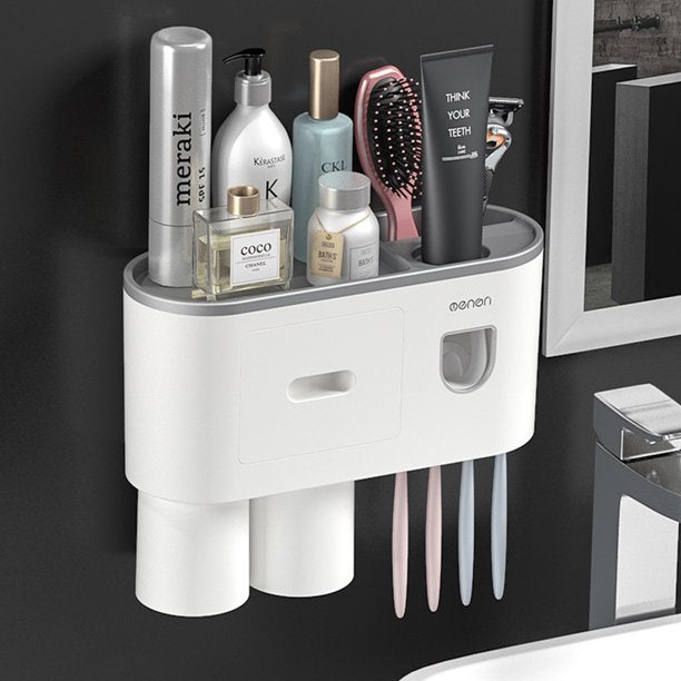 Meidong Toothbrush Holder Easy Install Large Capacity Storage, with Cosmetic Drawer Organizer and Toothbrush Rack, Integrated with Automatic Toothpaste Dispenser, Space Saving with Magnetic Cup Design