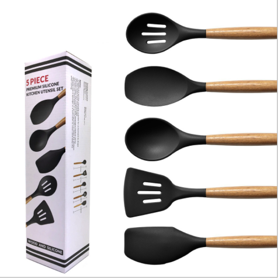 Silicone Cooking Utensils Set - Kitchen Utensil Set with Holder, Non-stick 464°F Heat Resistant BPA Free Wooden Handle Cooking utensil set 5pcs