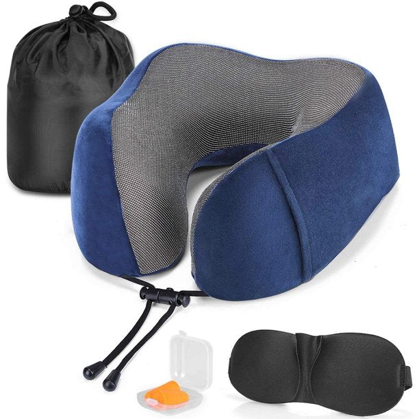 Meidong Travel Pillow Memory Foam Neck Pillow, Upgrade Design Perfect Support Machine Washable Airplane Travel Kit U Shaped Pillow with 3D Contoured Eye Mask, Earplugs, Travel Bag