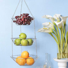Load image into Gallery viewer, 3 Tier Hanging Fruit Basket, Modern Country Style Home Decor, Countertop Space Saver for Fruits or Vegetables (Silver)
