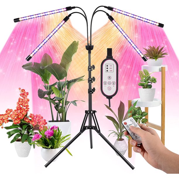LED Grow Lights for Indoor Plants Full Spectrum Plant Light with 4-Head LED Grow Light, 15-60 inches Adjustable Tripod Stand, Red Blue White Floor Grow Lamp with 4/8/12H Timer with Remote Control