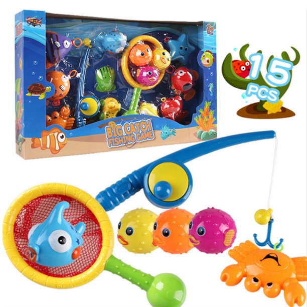 COSMONIC 15 Packs Bath Toy Fishing Floating Squirts Toy and Water Scoop with Organizer Bag, BPA Free Fish Net Game in Bathtub Time for Kids, Bathroom Fish Set