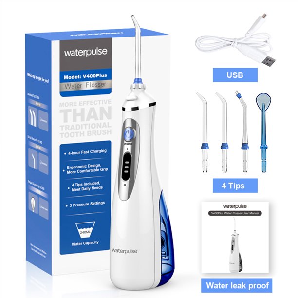 Waterpulse V400PLUS Water Flosser Dental Oral Irrigator Cordless Rechargeable 240ML 3 Modes 4 Jet Tips Oral Irrigator for Travel Home Braces and Bridges Care